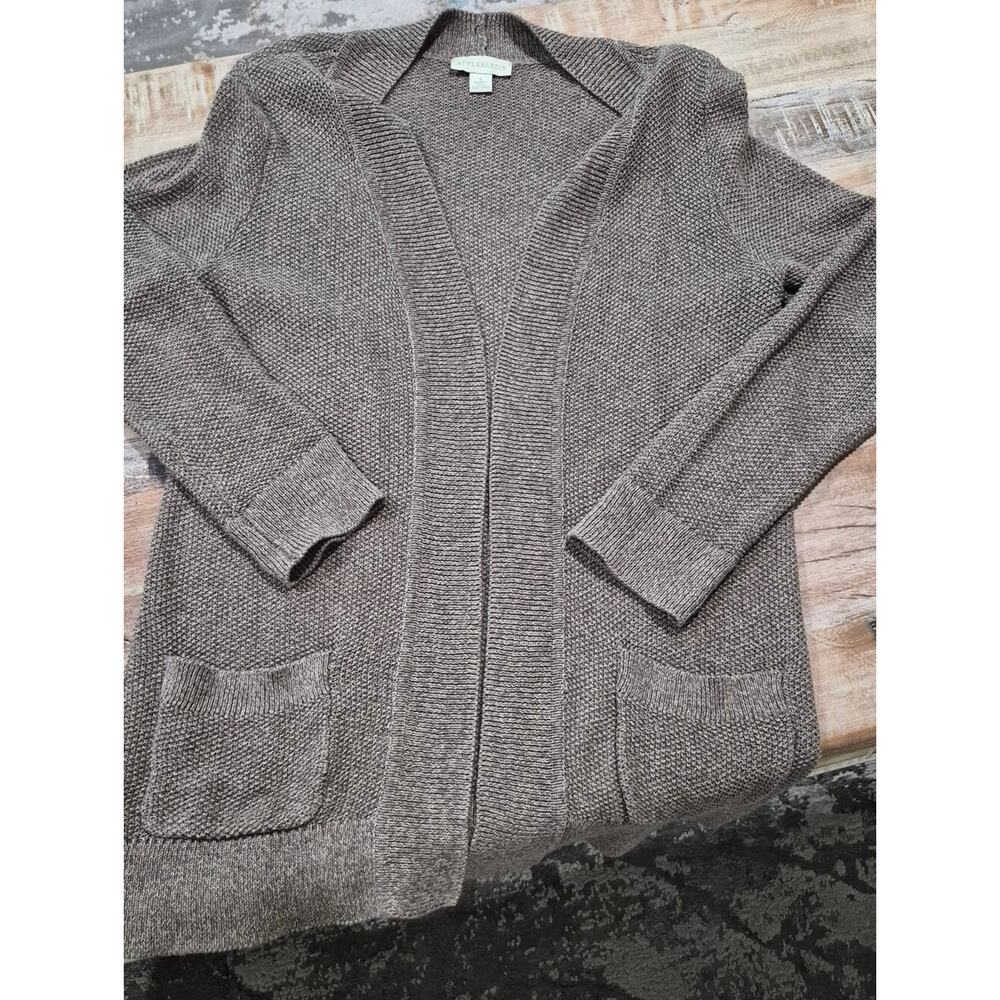Appleseed's Taupe Linen Blend Open Front Knit Cardigan Sweater with Pockets - S - Picture 7 of 10